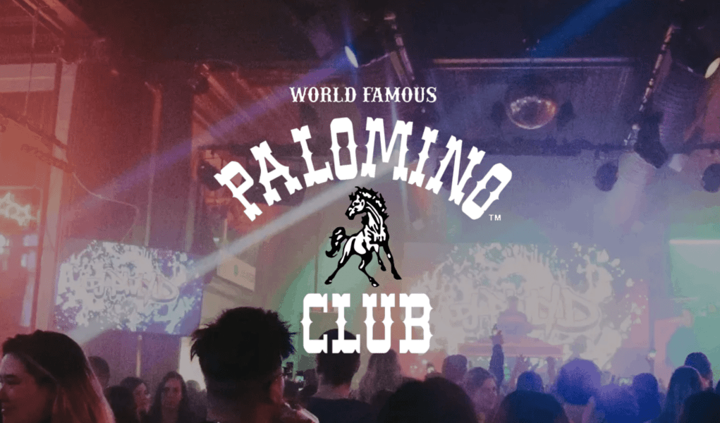 The Palomino Club logo over vibrant nightlife background with people dancing and colorful lights.