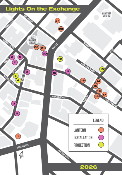 Map of the Exchange District showing the locations of 2026 Lights On artworks